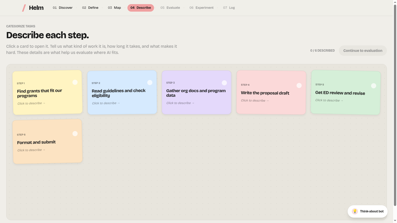 Helm app: describe each step screen with colored task-type cards